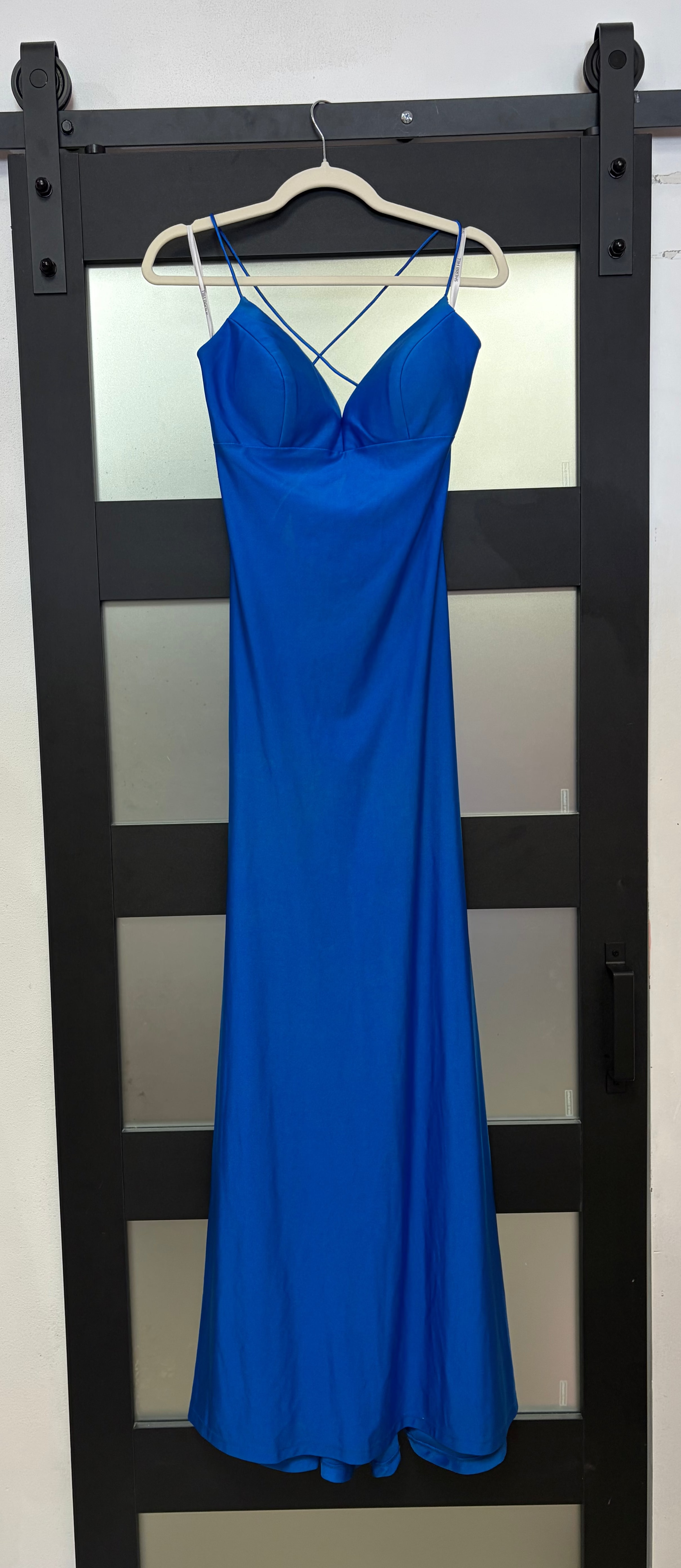 Sherri Hill Royal Blue Strappy Open Back Jersey Gown