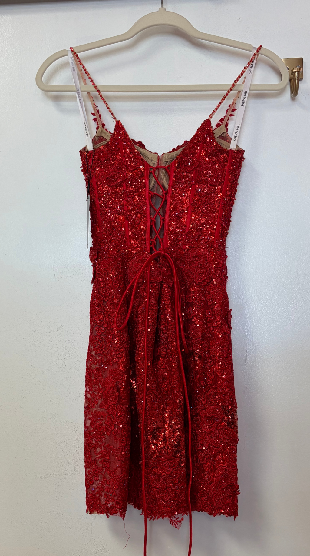 Sherri Hill Red Sequin Lace-Up Back Cocktail Dress