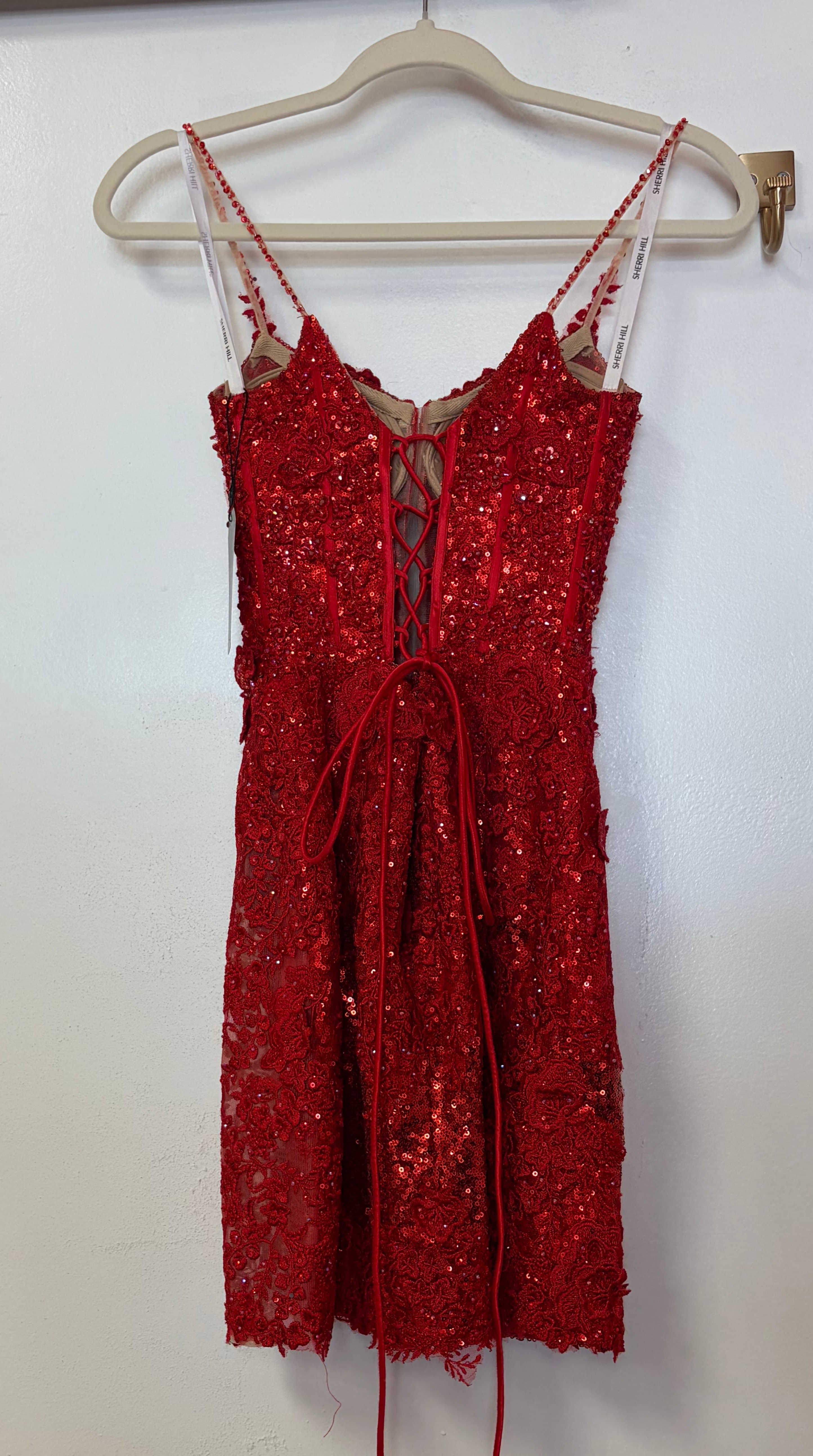 Sherri Hill Red Sequin Lace-Up Back Cocktail Dress