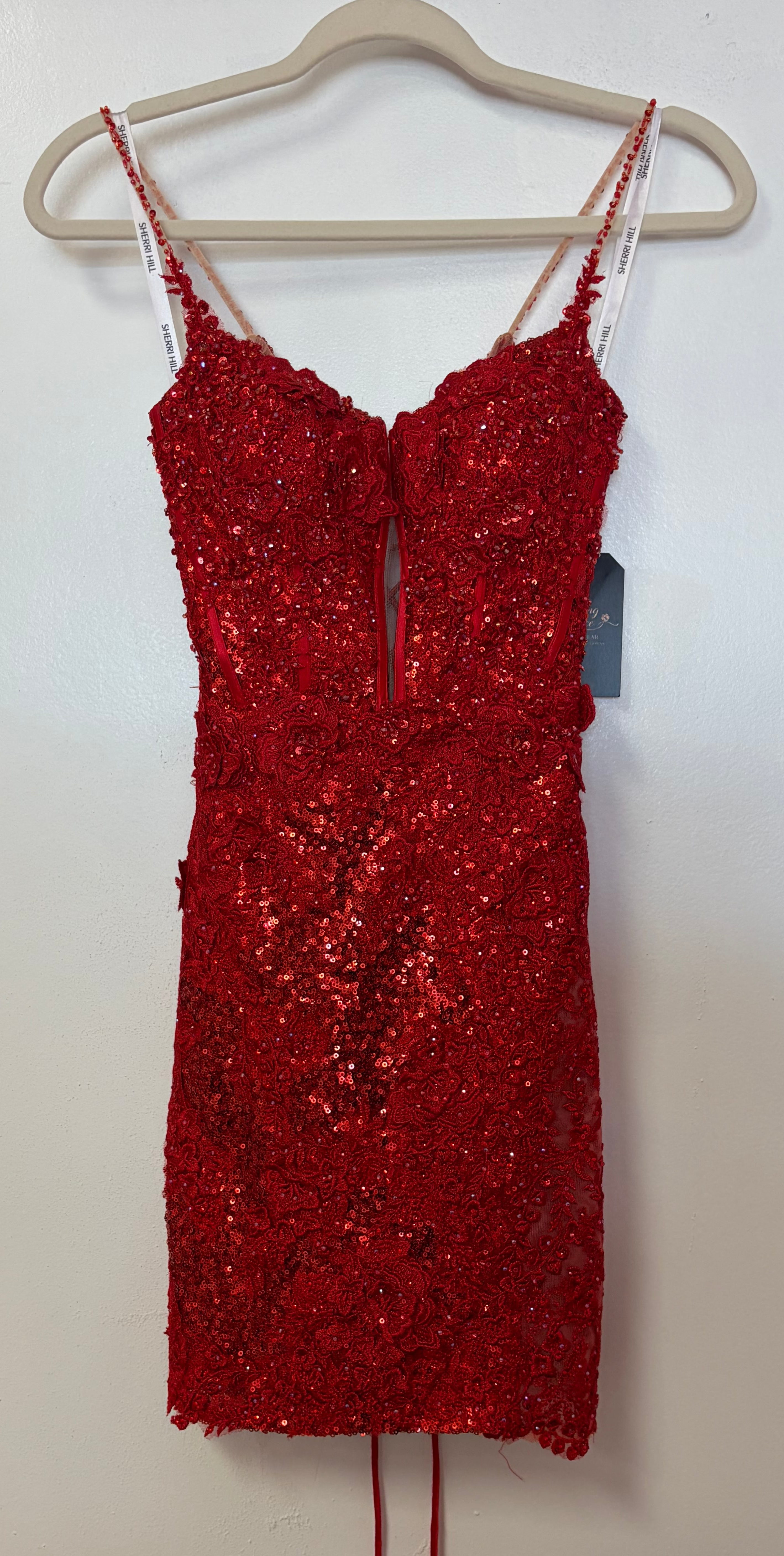 Sherri Hill Red Sequin Lace-Up Back Cocktail Dress