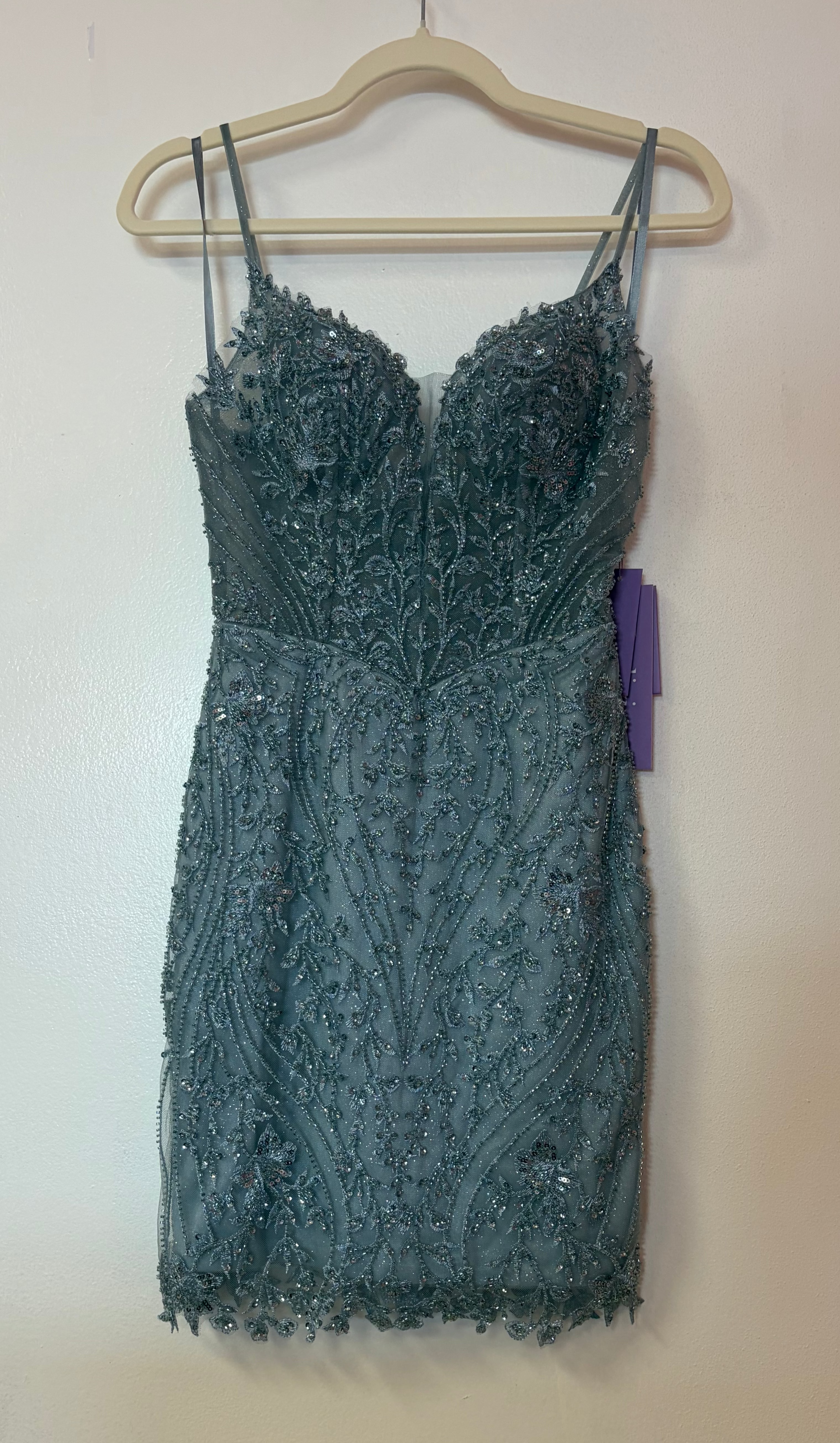 LaDivine CC389 – Smoky Blue Beaded Corset Cocktail Dress