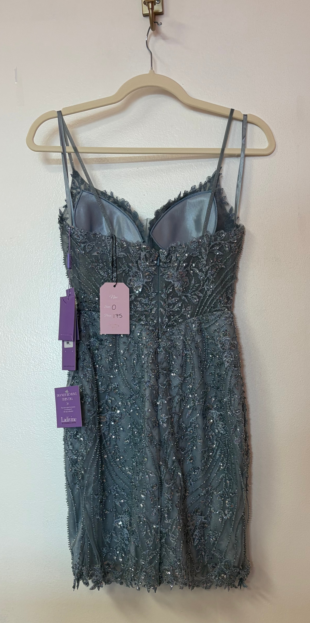 LaDivine CC389 – Smoky Blue Beaded Corset Cocktail Dress