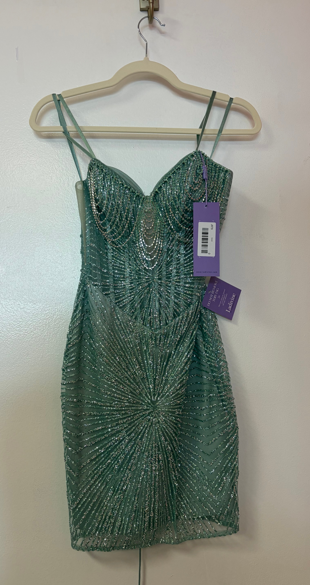 LaDivine J879 - Sage Crystal Starburst Cocktail Dress