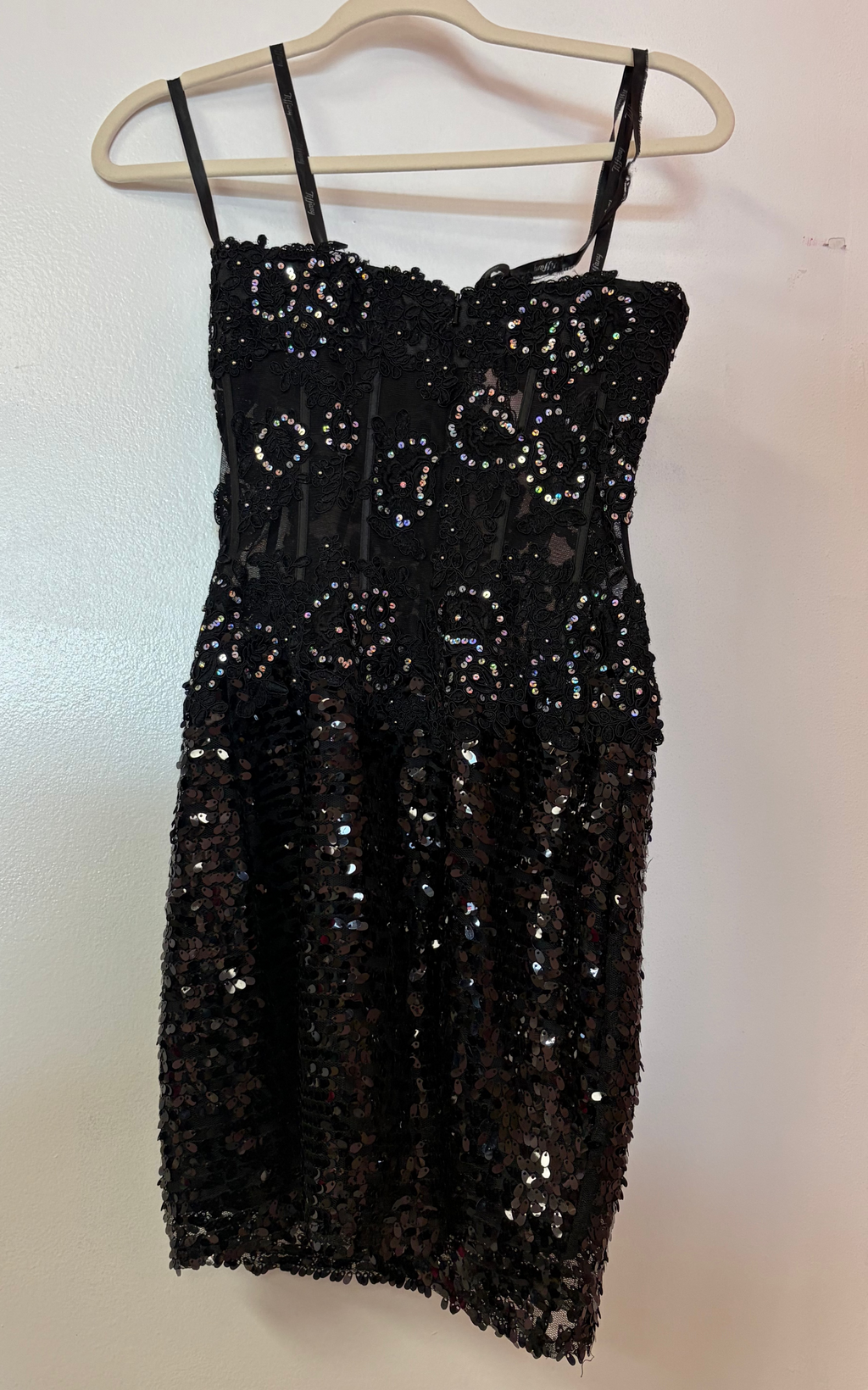 Tiffany Designs Black Sequin Corset Cocktail Dress with Floral Lace Bodice