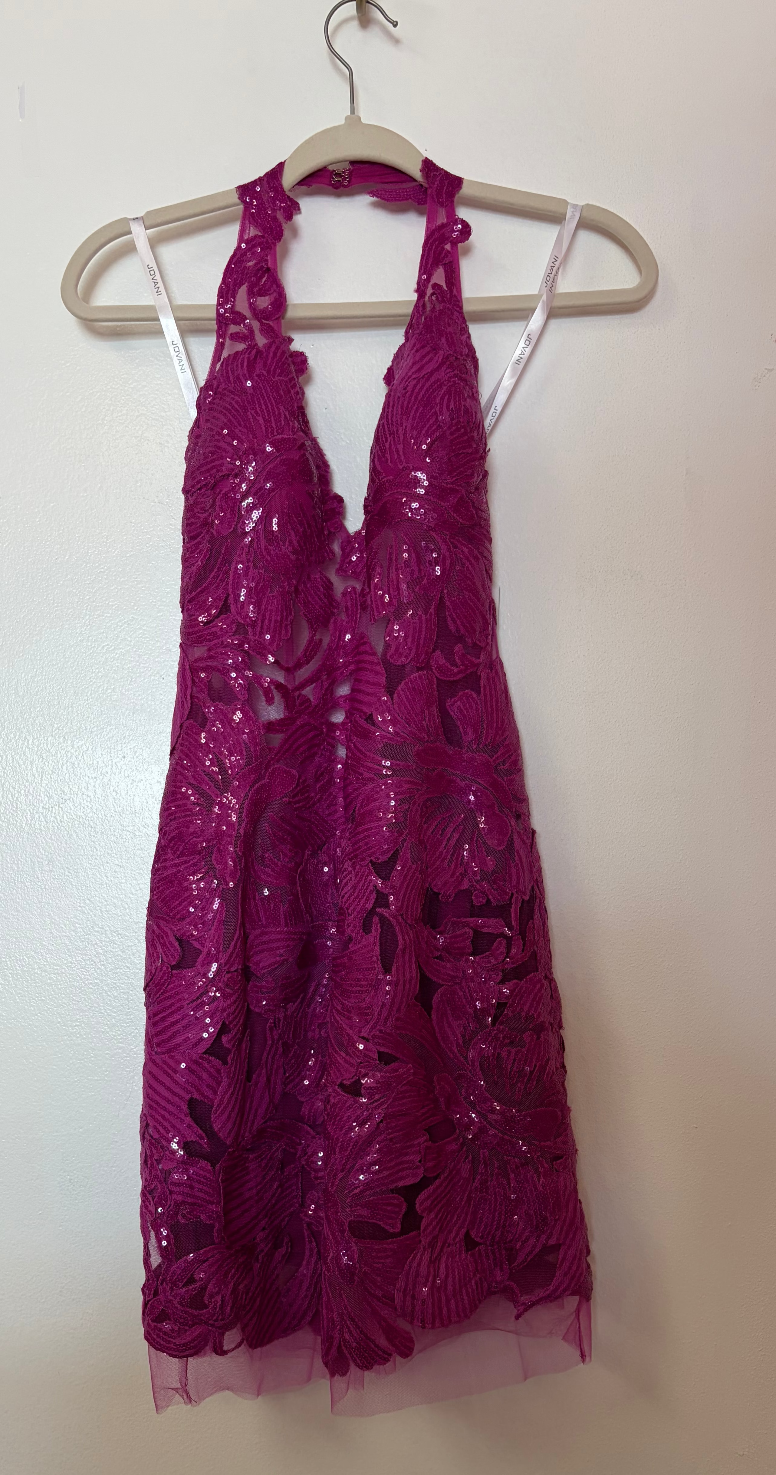 Jovani 04189 Magenta Sequin Lace Halter Homecoming Dress