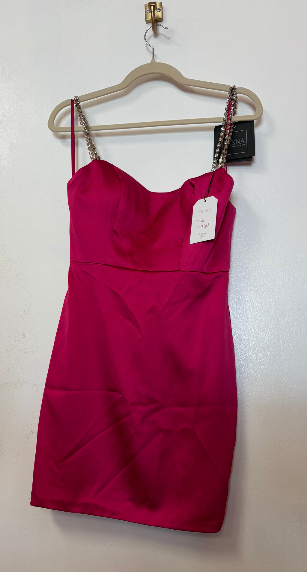 Mac Duggal 55691 Hot Pink Satin Rhinestone Strap Mini Dress