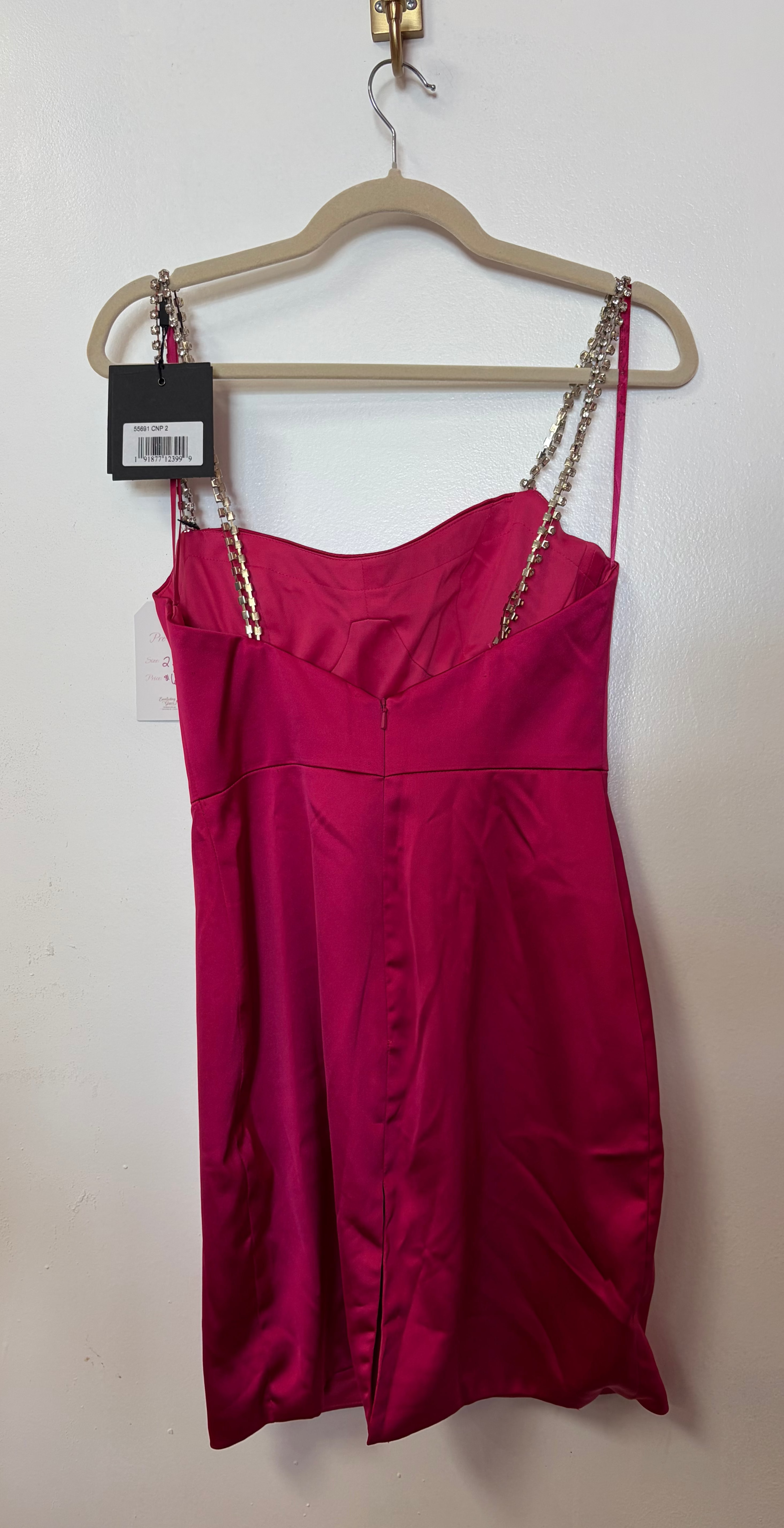 Mac Duggal 55691 Hot Pink Satin Rhinestone Strap Mini Dress