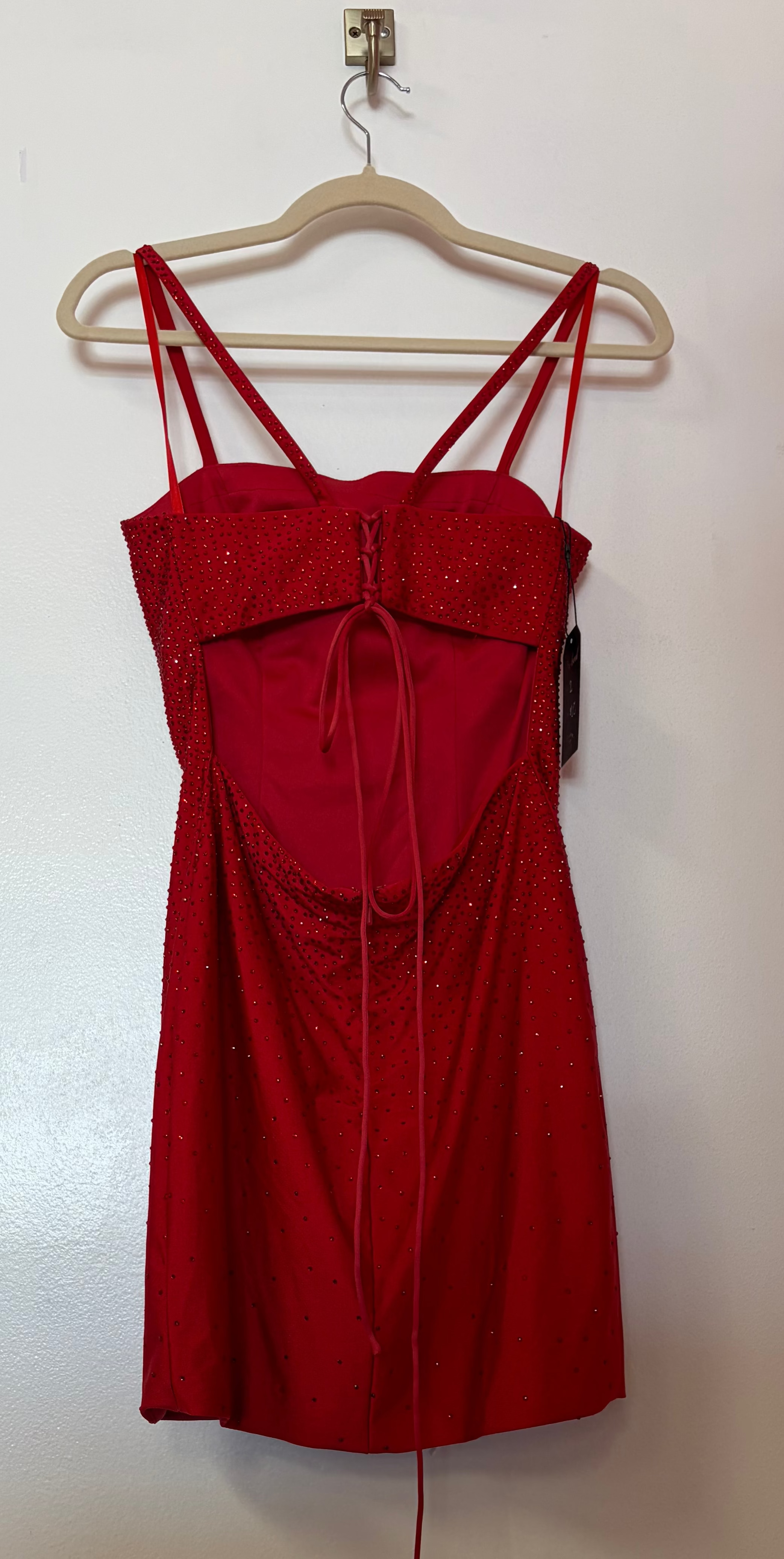 Red Rhinestone Corset Lace-Up Homecoming Dress