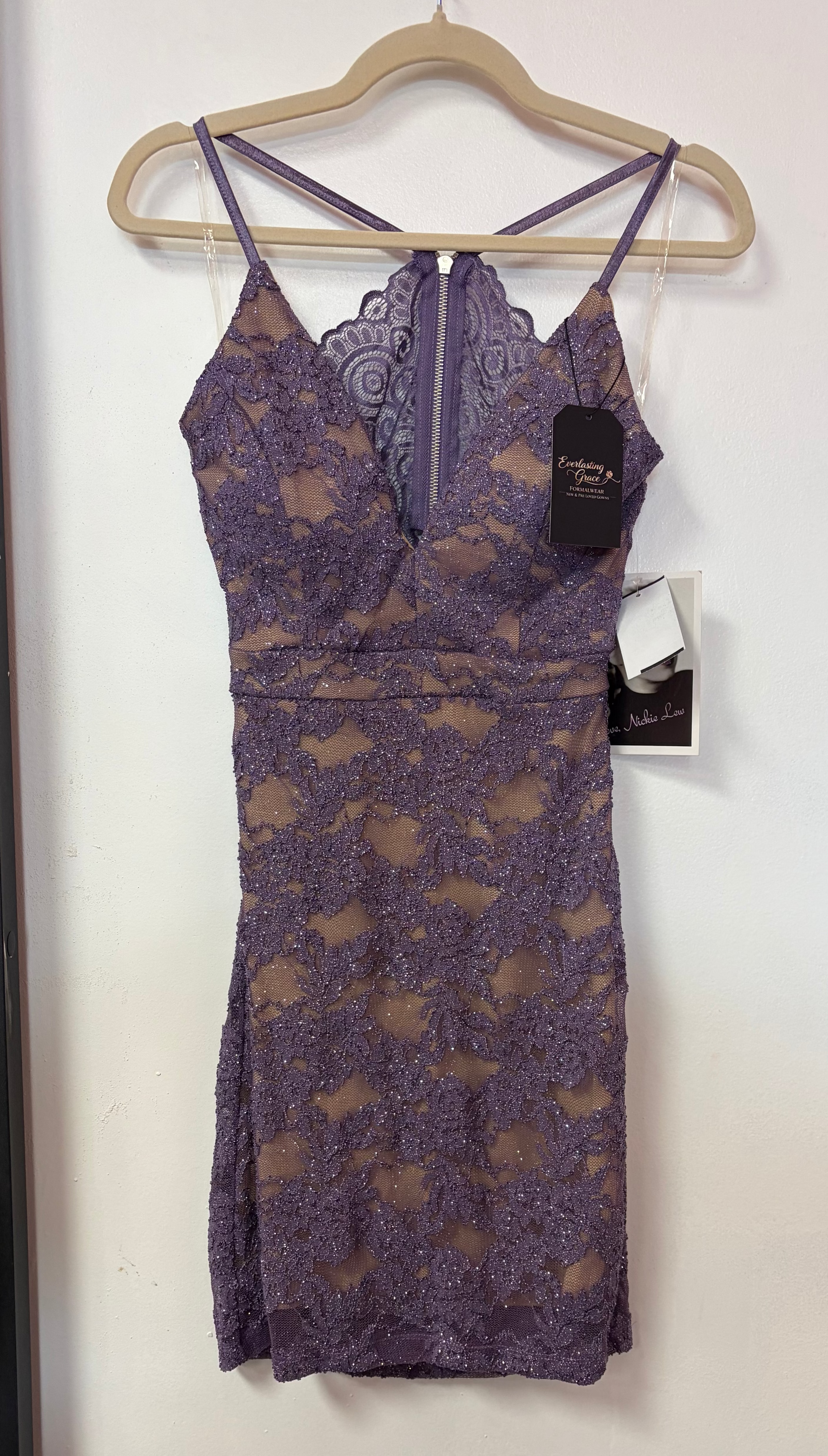 Love, Nickie Lew Plum Lace Open-Back Skater Dress