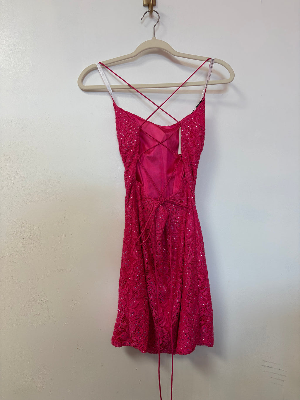 Sherri Hill Hot Pink Lace Open Back Homecoming Dress