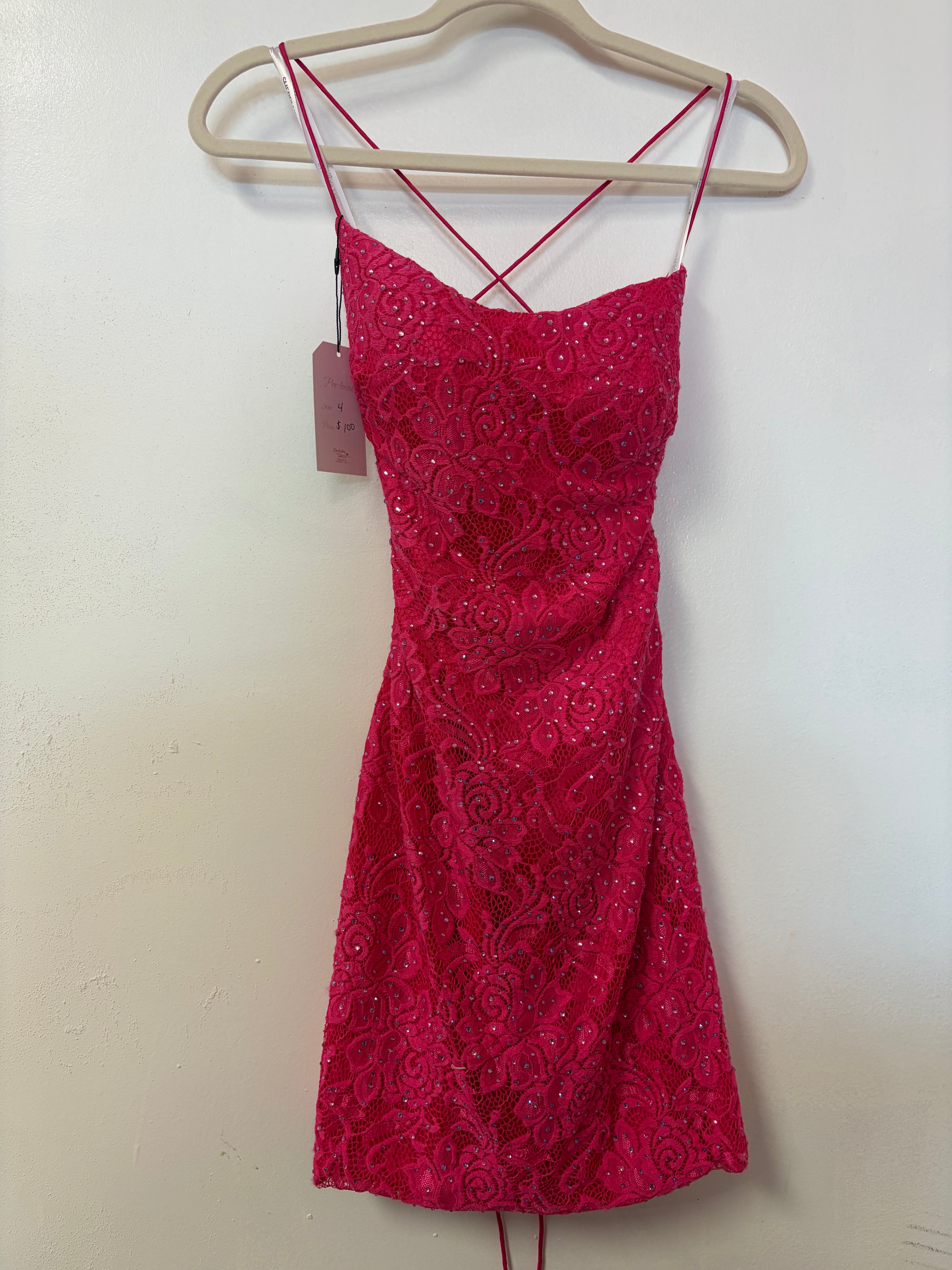 Sherri Hill Hot Pink Lace Open Back Homecoming Dress