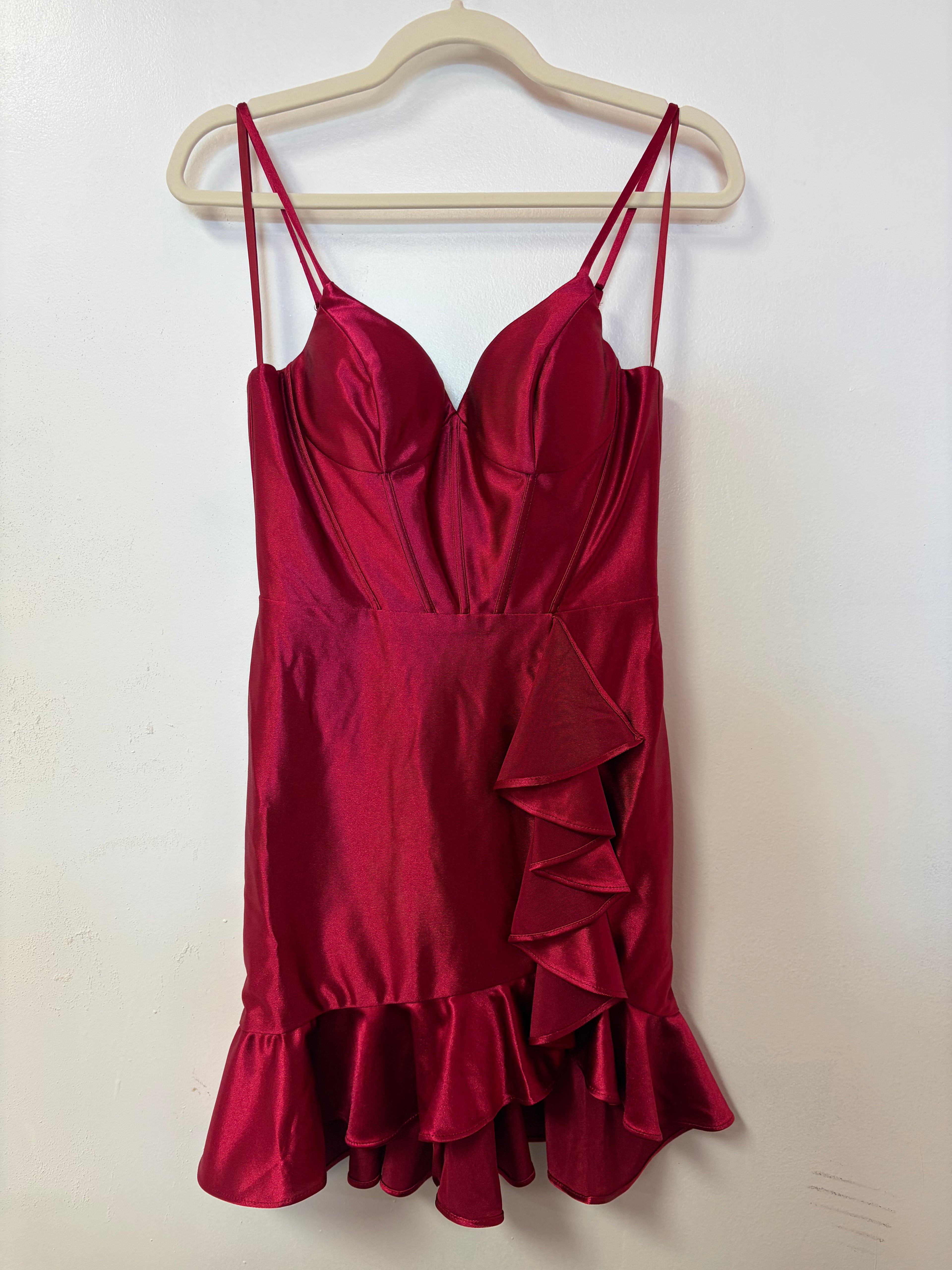 Stacees Red Satin Corset Ruffle Hem Homecoming Dress