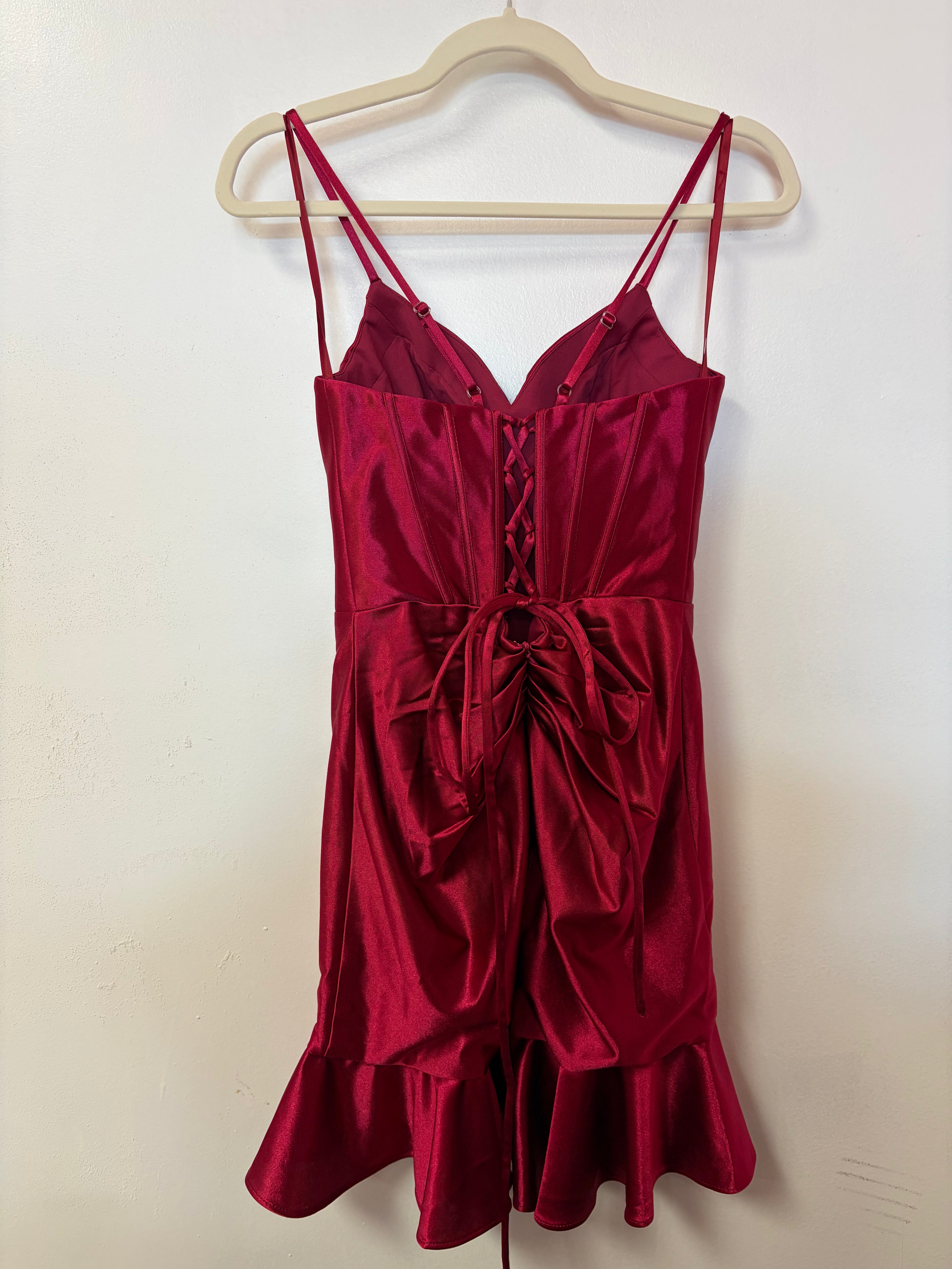 Stacees Red Satin Corset Ruffle Hem Homecoming Dress
