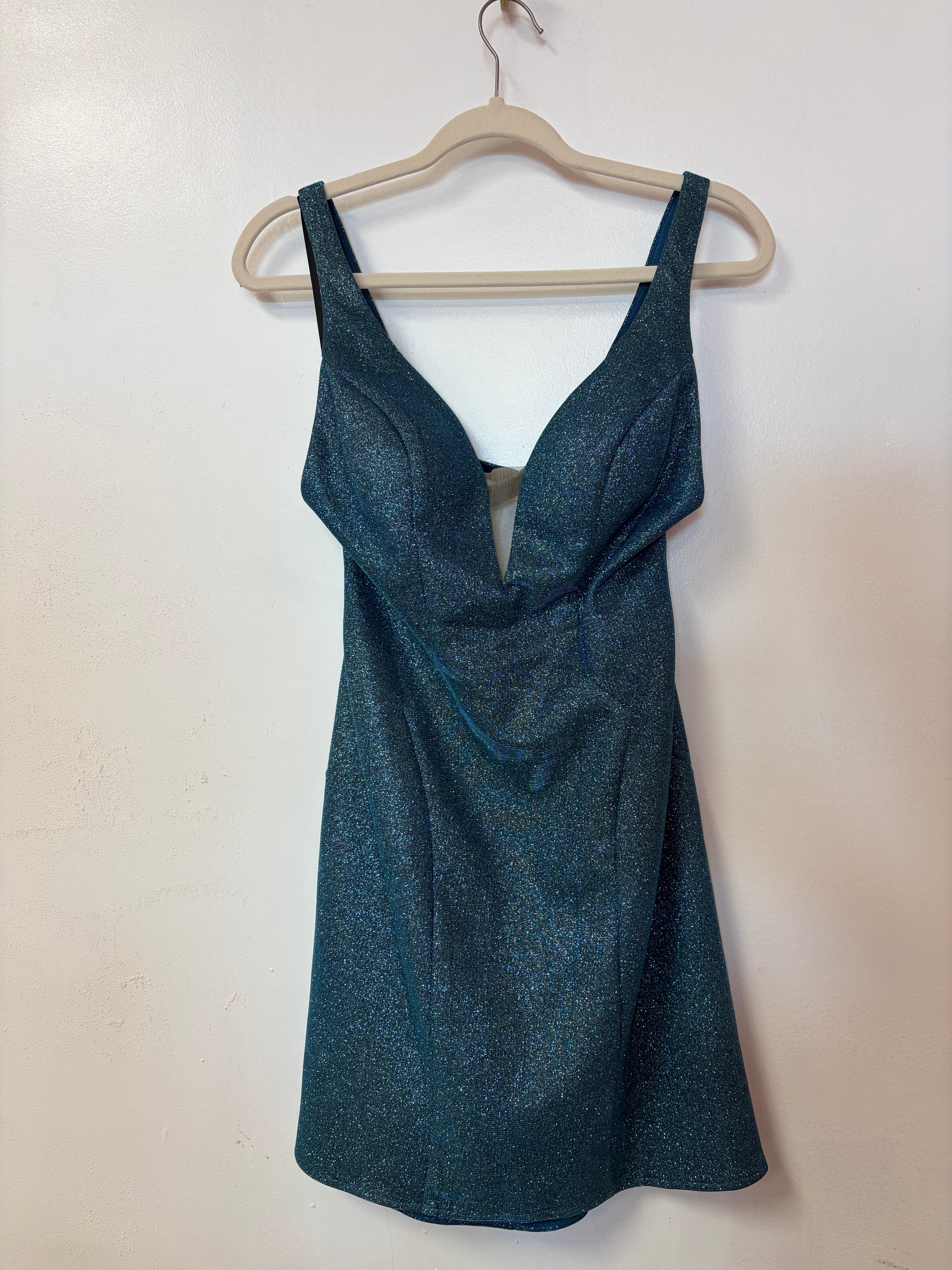 Alyce Paris Teal Crisscross Back Dress