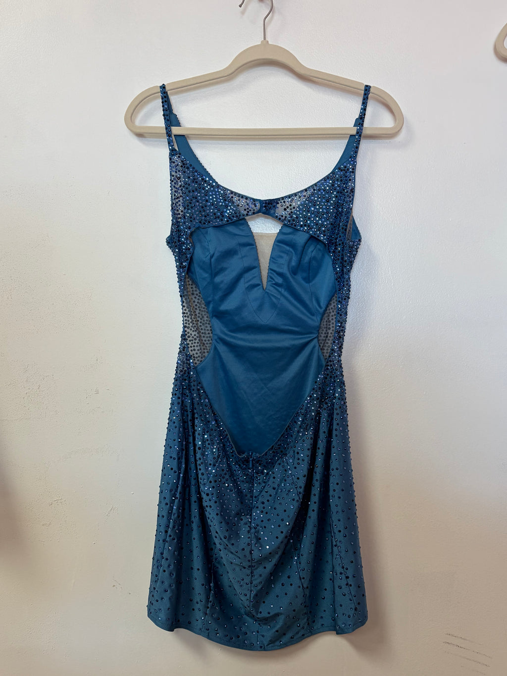 Faviana Blue Rhinestone A-Line Homecoming Dress – Plunging V-Neck Sparkly Formal Mini Dress