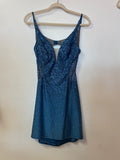 Faviana Blue Rhinestone A-Line Homecoming Dress – Plunging V-Neck Sparkly Formal Mini Dress