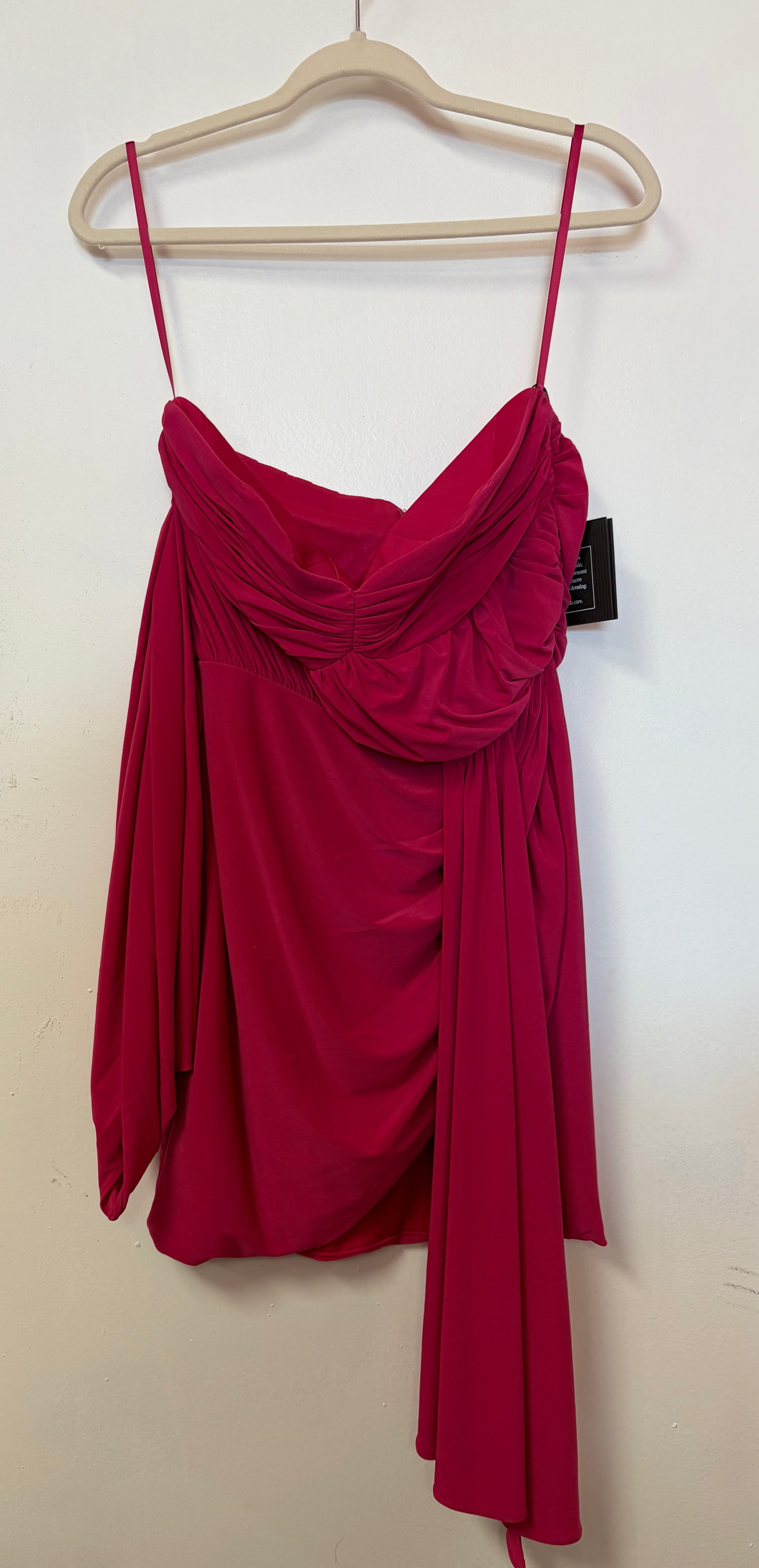 Ieena for Mac Duggal Fuchsia Draped Mini Dress – Cowl Neck Statement Sleeve Cocktail Party Dress