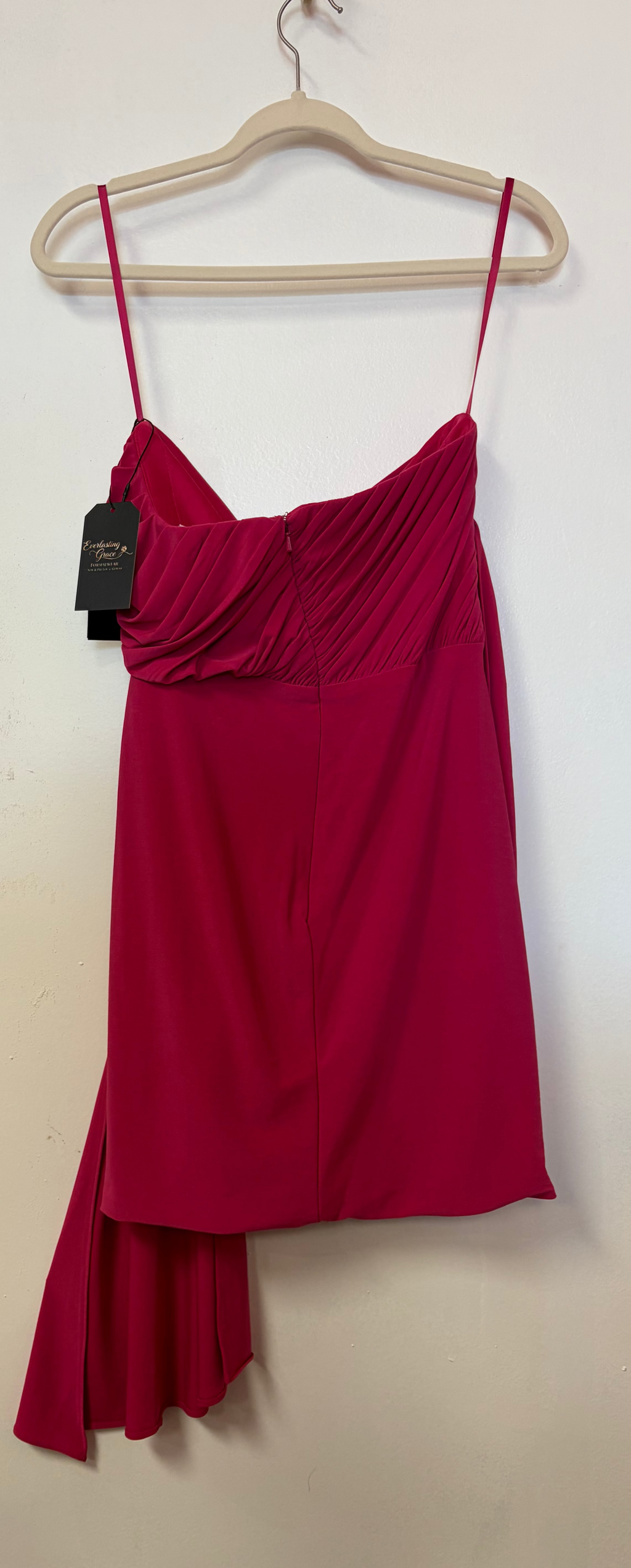 Ieena for Mac Duggal Fuchsia Draped Mini Dress – Cowl Neck Statement Sleeve Cocktail Party Dress