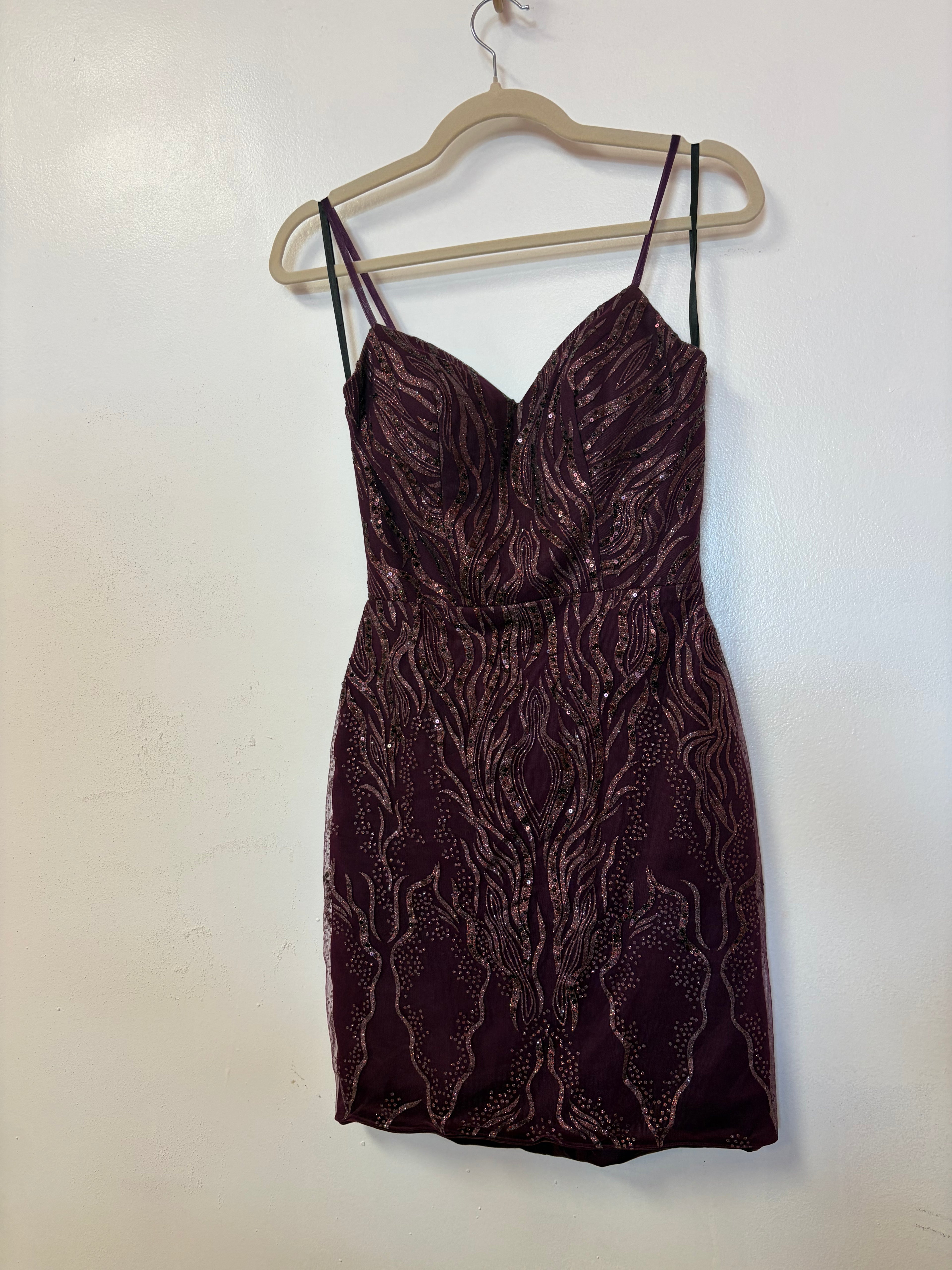 Alyce Paris Plum Sequin Homecoming Dress with Rose Gold Embroidered Detail