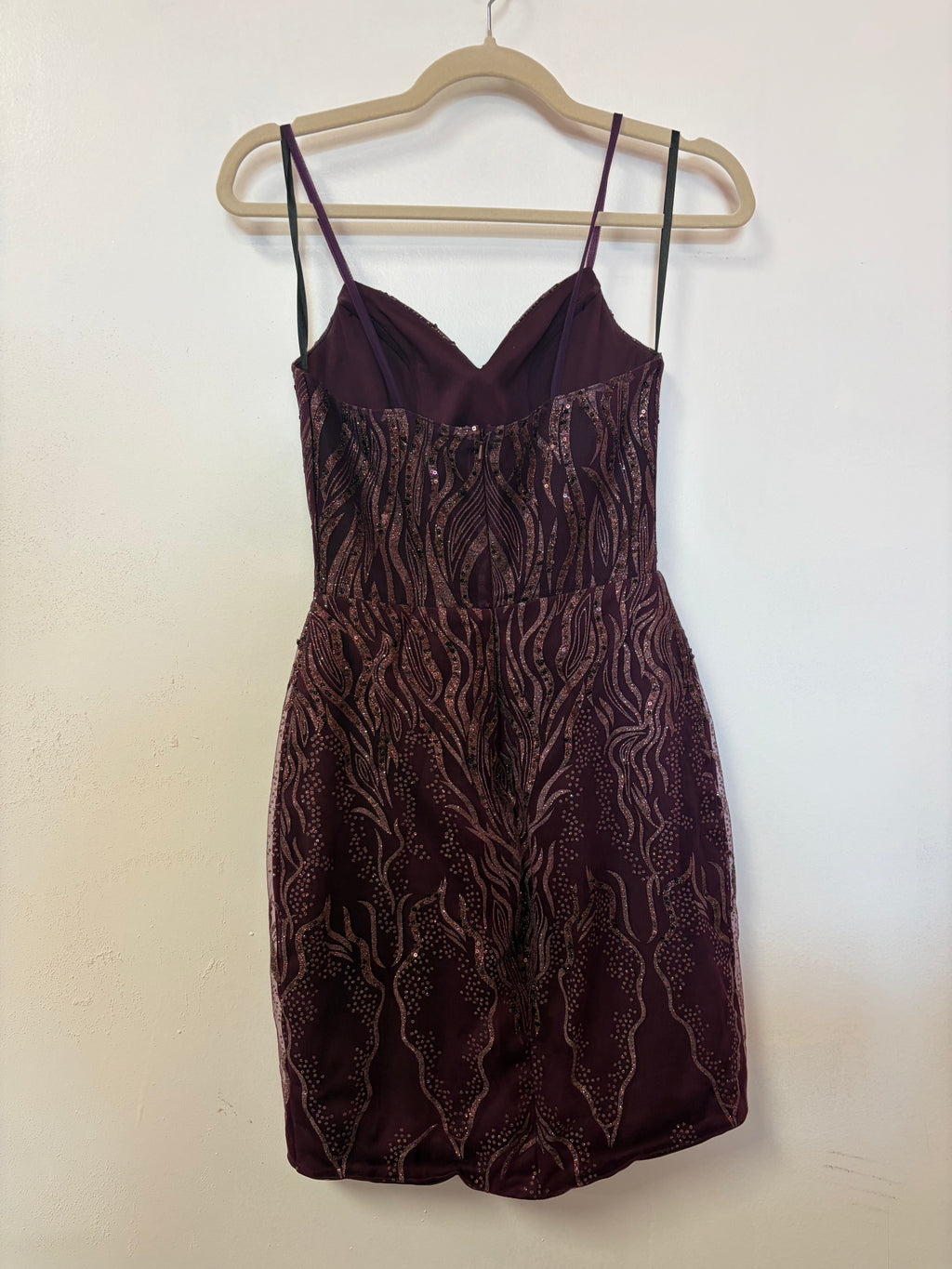 Alyce Paris Plum Sequin Homecoming Dress with Rose Gold Embroidered Detail
