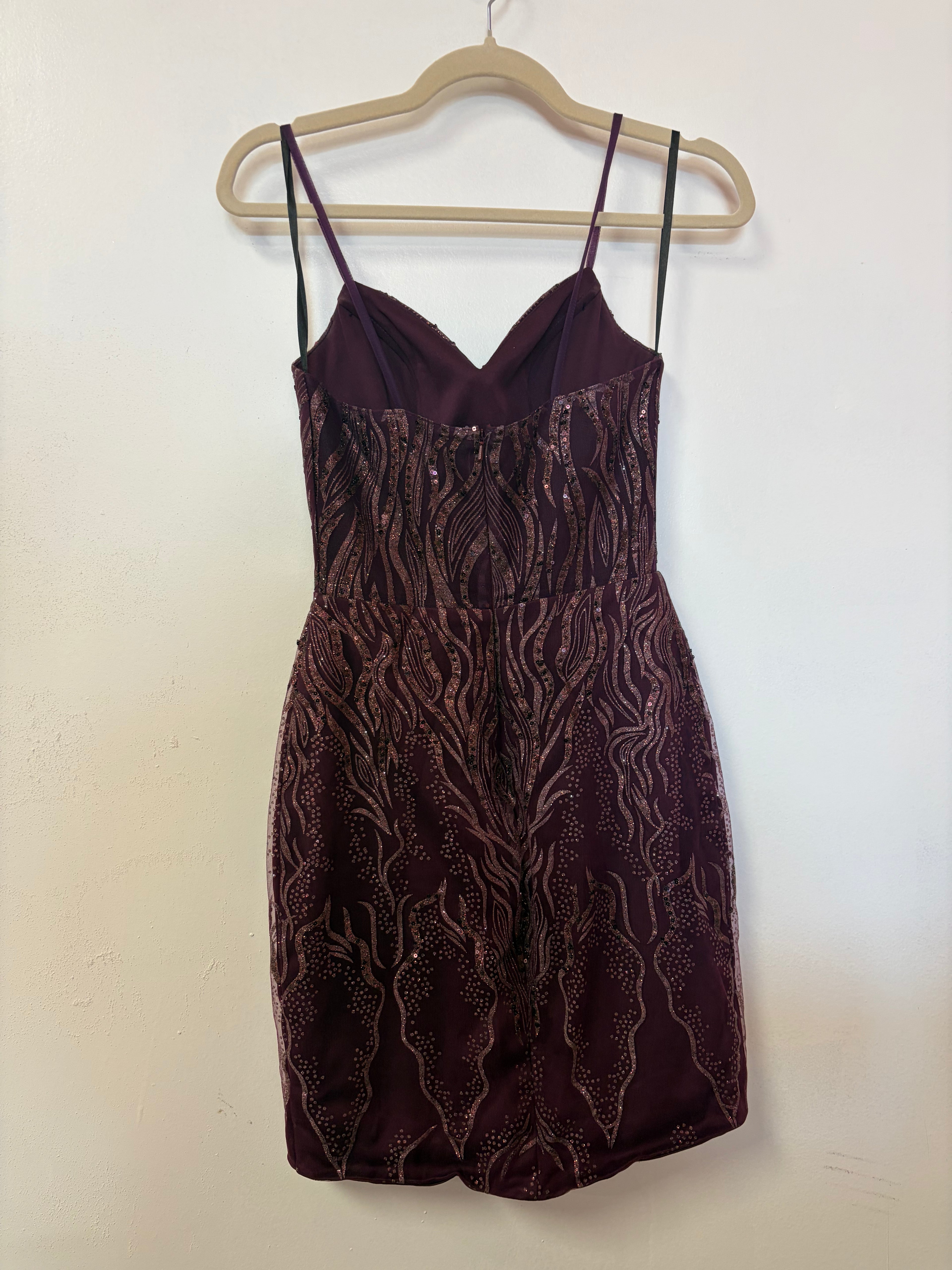 Alyce Paris Plum Sequin Homecoming Dress with Rose Gold Embroidered Detail