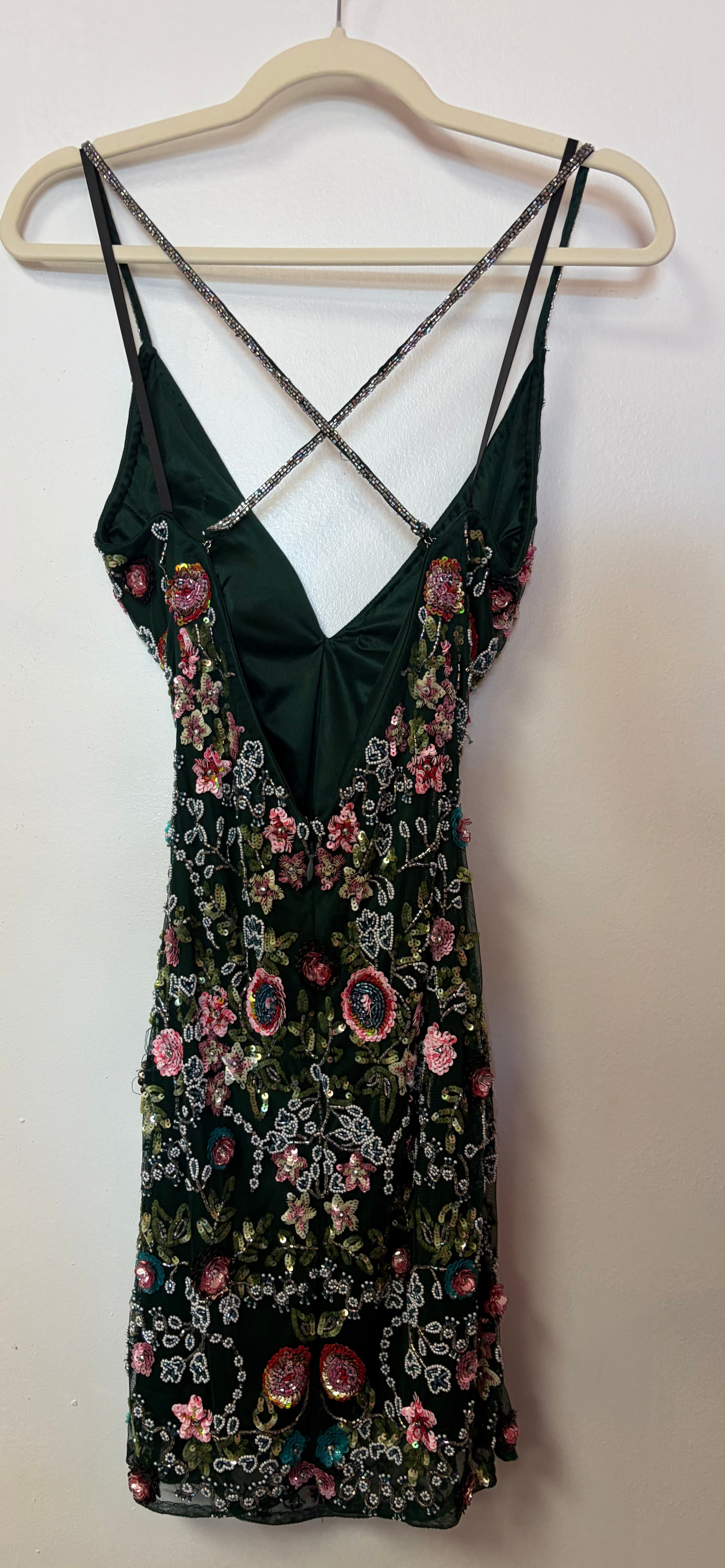Primavera 1938 Emerald Floral Beaded Homecoming Dress with Crystal Straps and Open Back Detail
