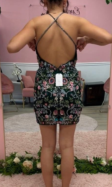 Primavera 1938 Emerald Floral Beaded Homecoming Dress with Crystal Straps and Open Back Detail