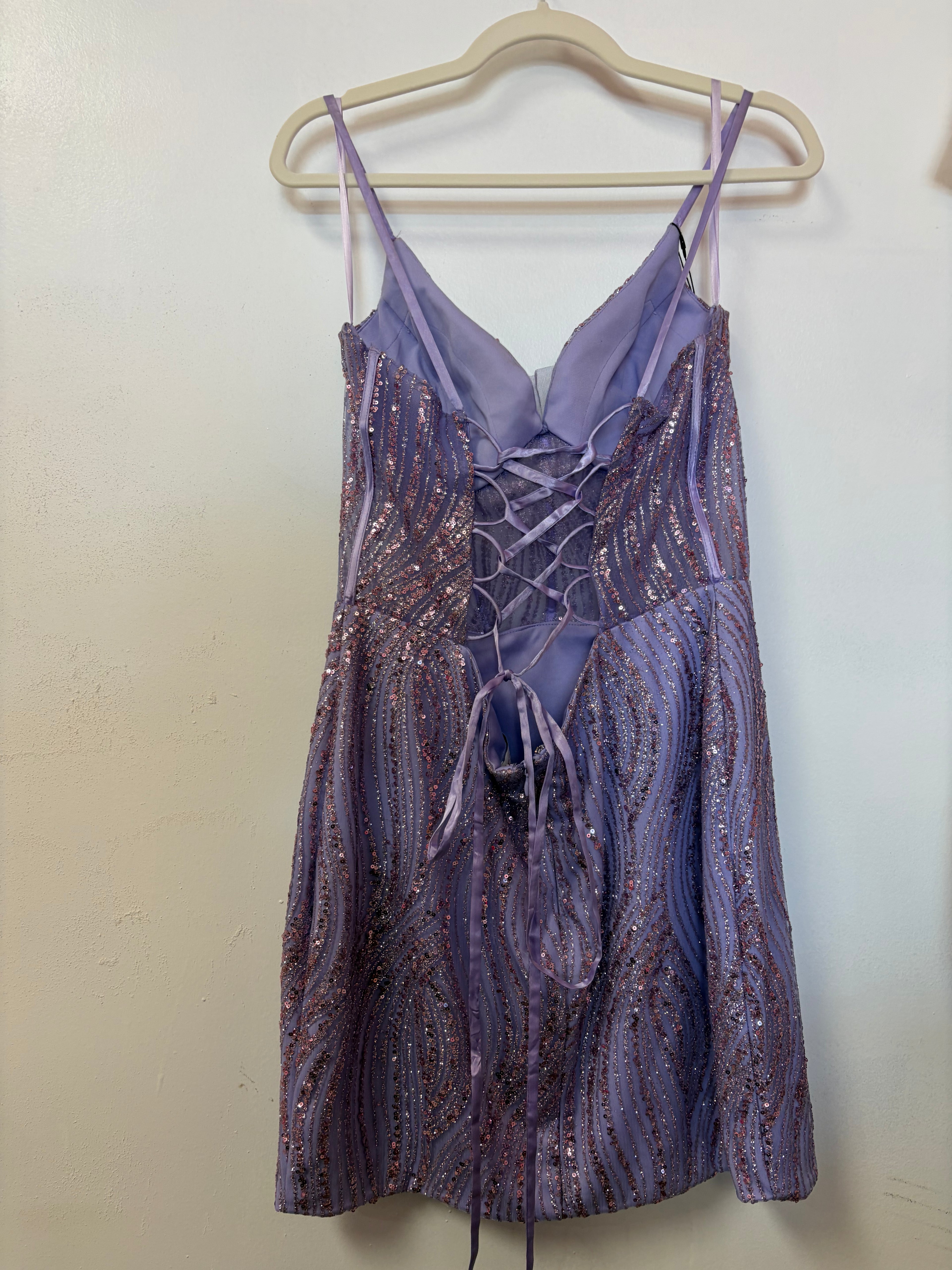 Ed Young Lilac Sequin Homecoming Dress with Corset Bodice and Lace-Up Back