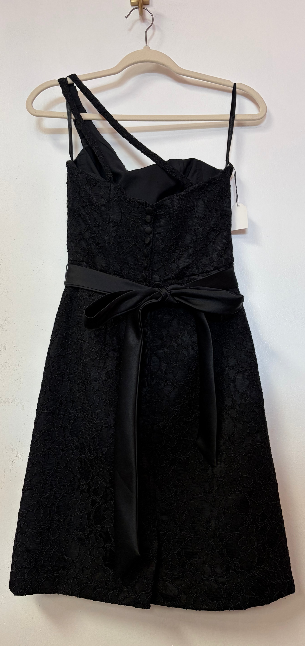 Morilee by Madeline Gardner Black One-Shoulder Lace Cocktail Dress with Satin Waist Tie