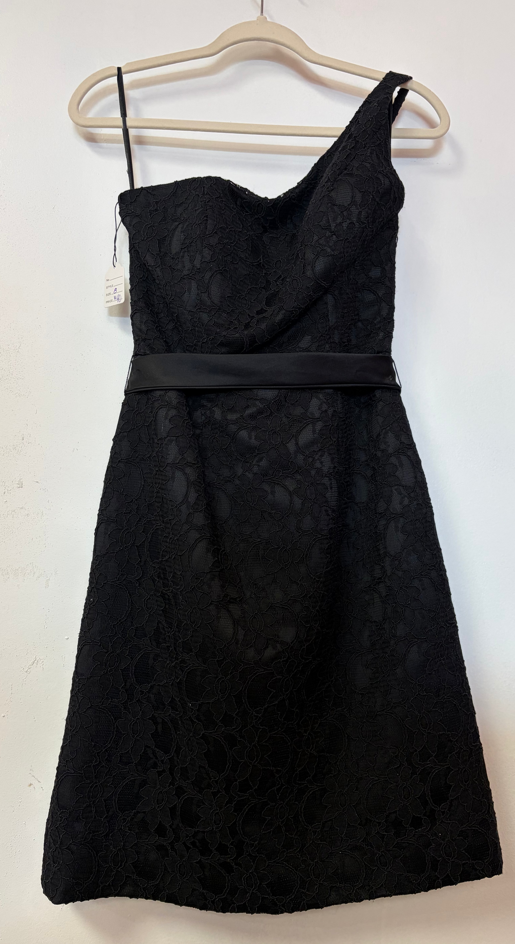 Morilee by Madeline Gardner Black One-Shoulder Lace Cocktail Dress with Satin Waist Tie