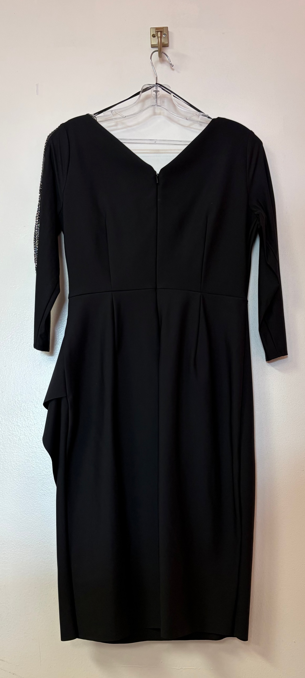 Alex Evenings 8134278 Black Embellished Surplice Sheath Dress with Rhinestone Sleeve Detail