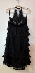 Jovani Black Sequin Ruffle Tiered Cocktail Dress with Illusion Halter Neckline