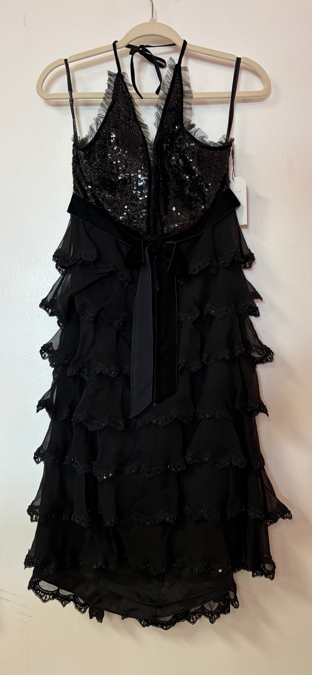 Jovani Black Sequin Ruffle Tiered Cocktail Dress with Illusion Halter Neckline