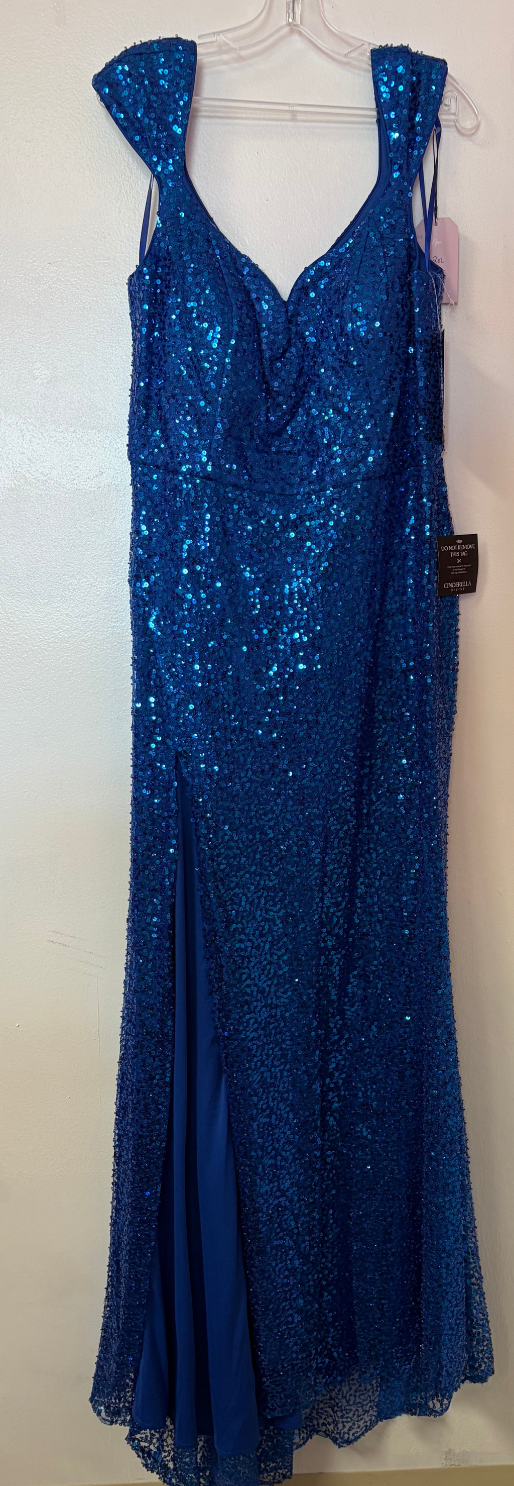 LaDivine CH171 Royal Blue Sequin Formal Dress with Flutter Sleeves and Lace-Up Back