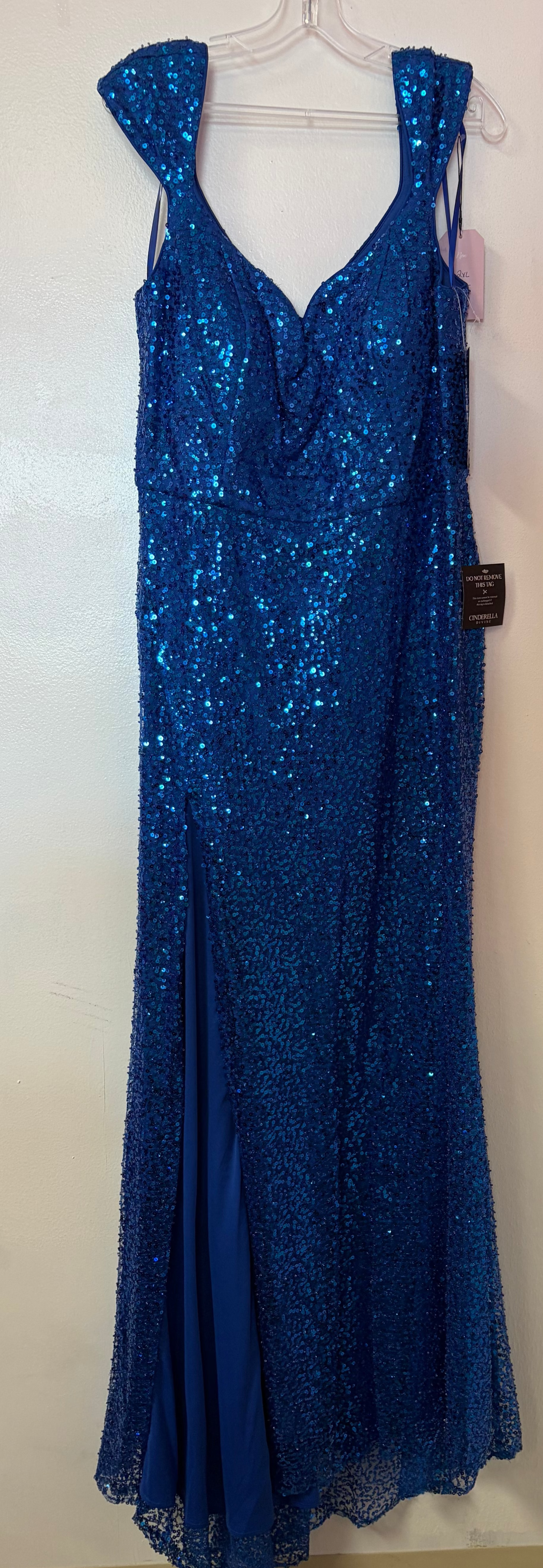 LaDivine CH171 Royal Blue Sequin Formal Dress with Flutter Sleeves and Lace-Up Back