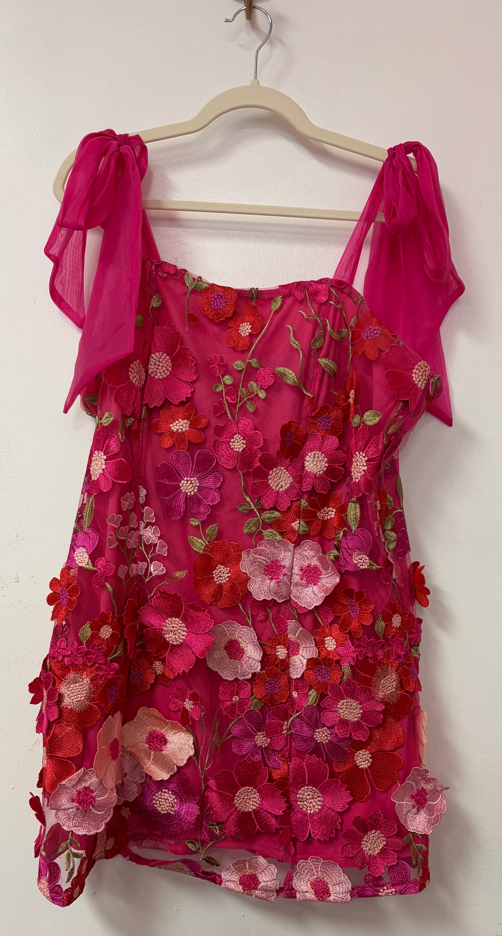 Lulus Hot Pink Floral Embroidered Tie-Strap Babydoll Dress with 3D Appliqué Flowers