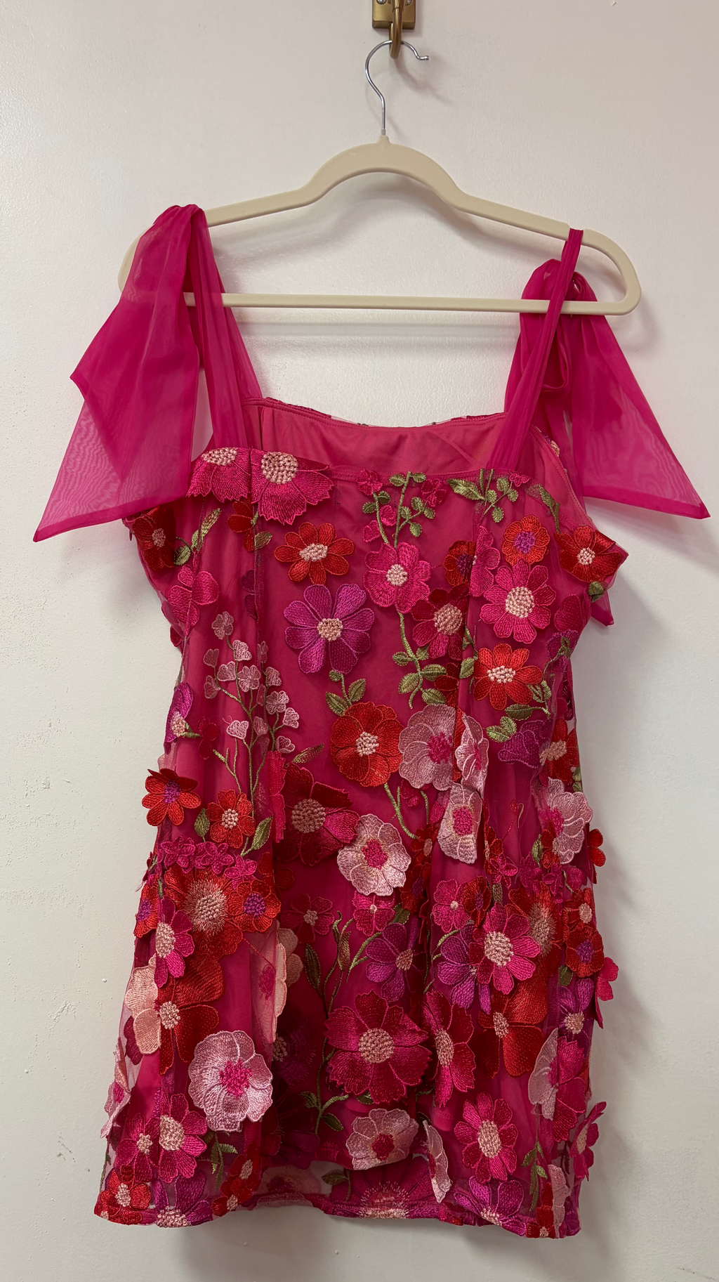 Lulus Hot Pink Floral Embroidered Tie-Strap Babydoll Dress with 3D Appliqué Flowers