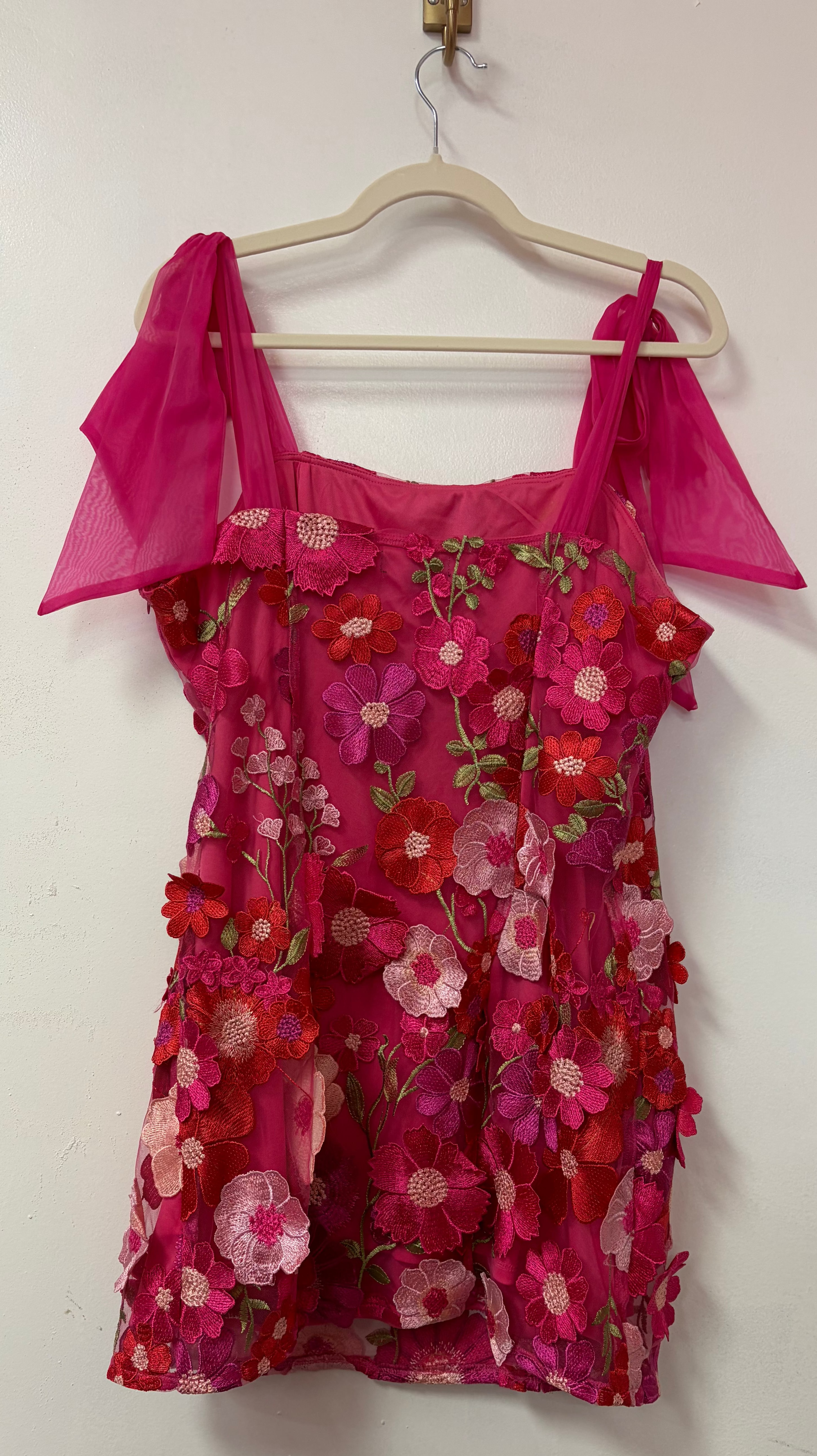 Lulus Hot Pink Floral Embroidered Tie-Strap Babydoll Dress with 3D Appliqué Flowers