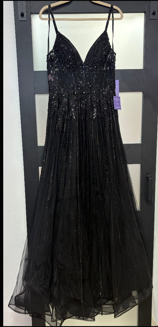 LaDivine CD994 Black Glitter Tulle A-Line Formal Gown with Floral Appliqué