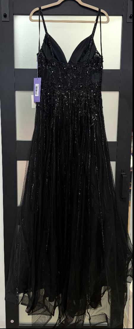 LaDivine CD994 Black Glitter Tulle A-Line Formal Gown with Floral Appliqué