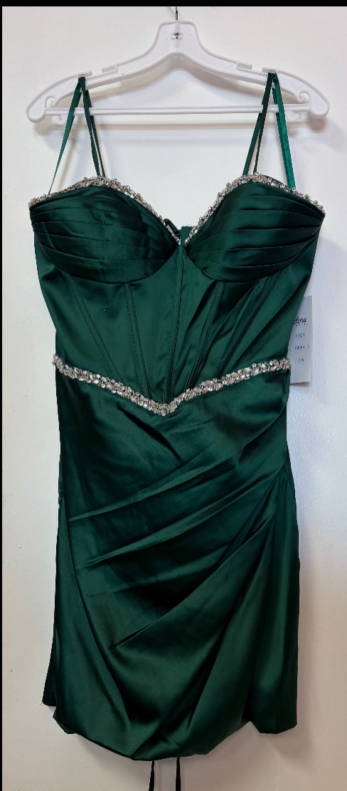 Adora 1074 Satin Corset Homecoming Dress with Crystal Trim and Draped Skirt