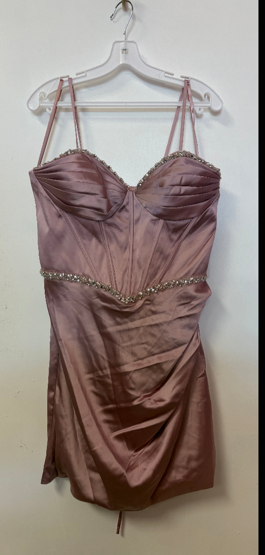Adora 1074 Satin Corset Homecoming Dress with Crystal Trim and Draped Skirt