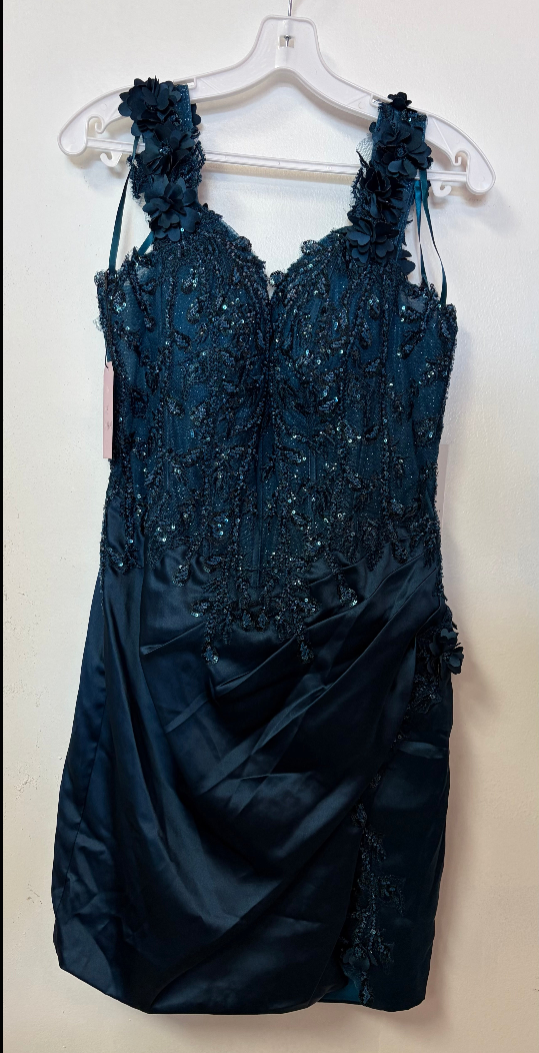 Adora 1084 Navy Sequin Lace Homecoming Dress with 3D Floral Shoulder Straps