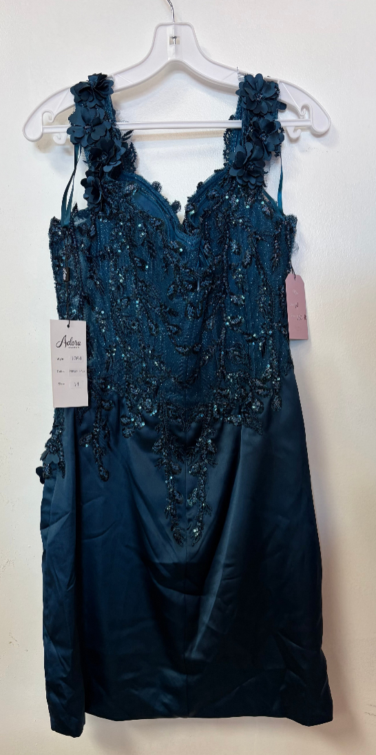 Adora 1084 Navy Sequin Lace Homecoming Dress with 3D Floral Shoulder Straps