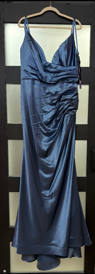 LaDivine CH062 Steel Blue Satin Ruched Formal Dress with Side Draping