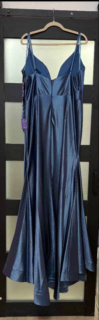 LaDivine CH062 Steel Blue Satin Ruched Formal Dress with Side Draping