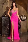 Ladivine by Cinderella Divine - FITTED STRETCH NET GOWN WITH BEADED BODICE AND LEG SLIT