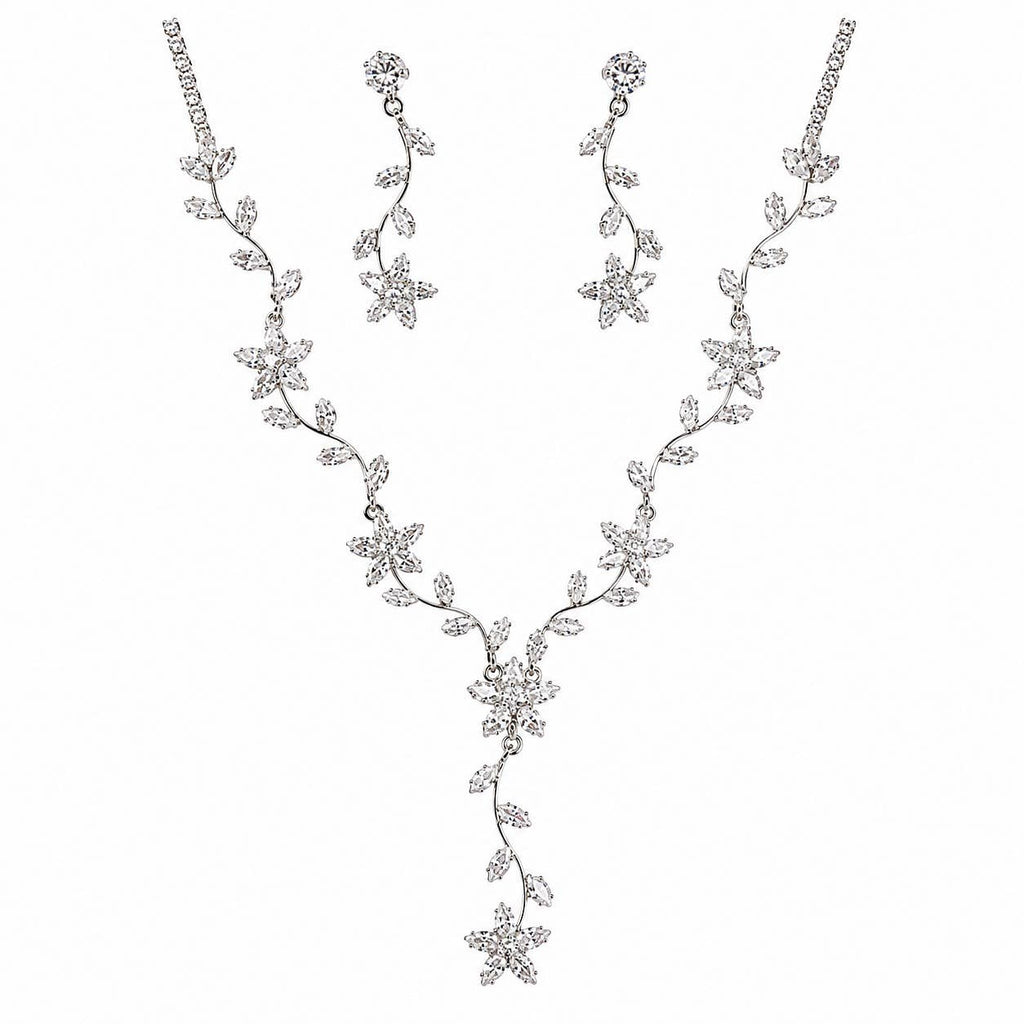 Diacly - Cubic Zirconia CZ Floral Vine Necklace and Earring Set Bridal Bridesmaid Prom Jewelry